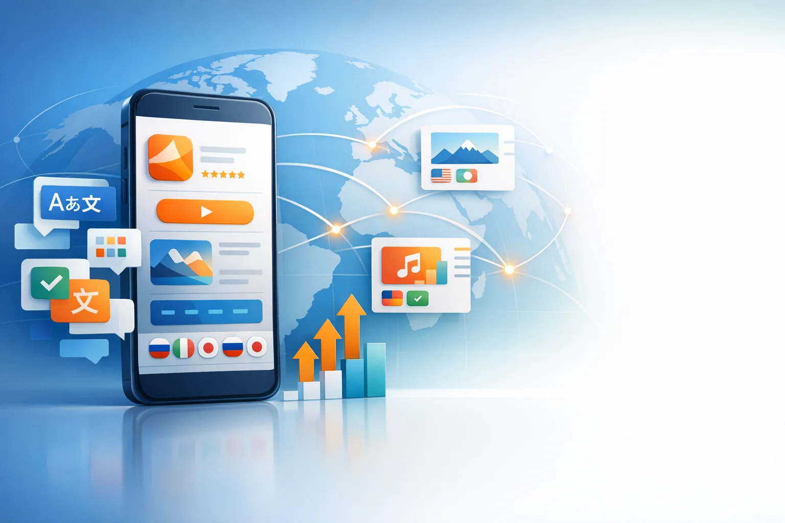 Mobile app growth visualization with global localization elements, country markers, and multilingual UI concepts.